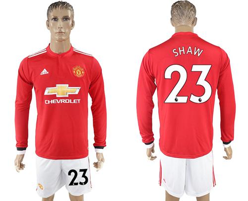 Manchester United #23 Shaw Red Home Long Sleeves Soccer Club Jersey - Click Image to Close